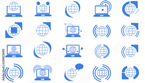 Global Network Technology Icons: Internet, Connection, Communication, Digital World