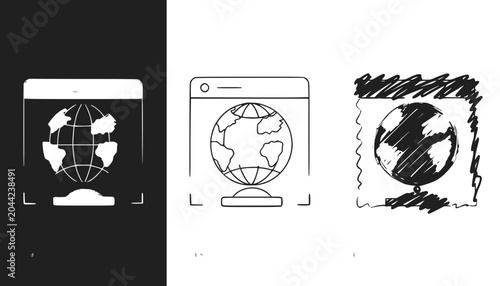 Digital Globe Icons: Holographic, Web Browser, Sketch Styles