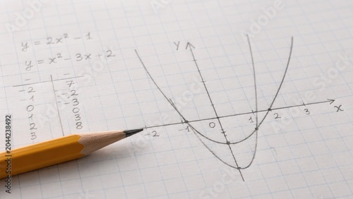 Hand-drawn quadratic graphs sketched in pencil on grid paper showing two parabolas, axes and a table of values