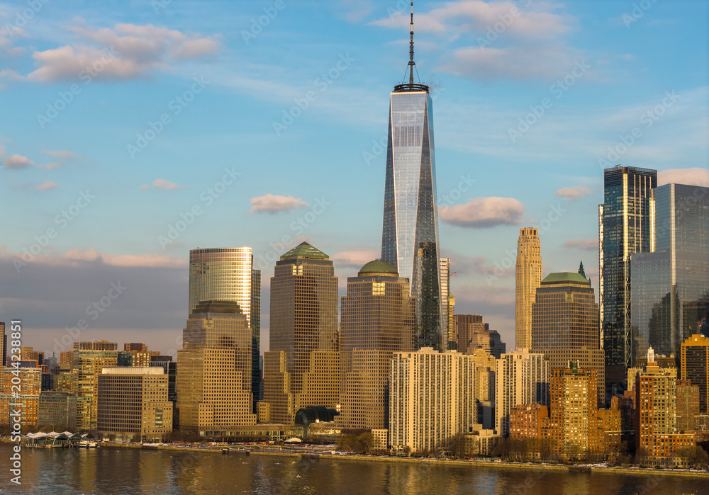 Fototapeta premium New York City skyline with skyscrapers. Manhattan aerial cityscape in NYC New York. New York downtown panorama. NYC Manhattan skyline.