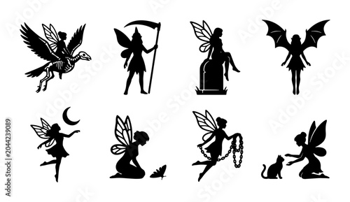Bilde på lerret Gothic Fairy Silhouettes Collection, Dark Fantasy Enchantress Vector Icons, Myst