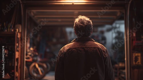 Person enters garage with motorcycle and tools in the background at night slowly