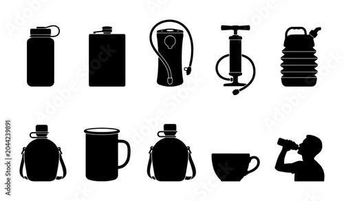 Tableau sur toile Outdoor Hydration Gear Icons, Camping Water Bottles, Canteens, and Drinkware Set