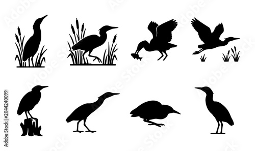 Obraz na płótnie Heron Bird Silhouettes Collection, Wildlife Vector Icons, Nature Aquatic Animals