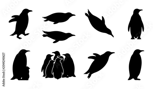 Schilderij op canvas Penguin Silhouettes Collection, Antarctic Wildlife Vector Icons, Diverse Poses a