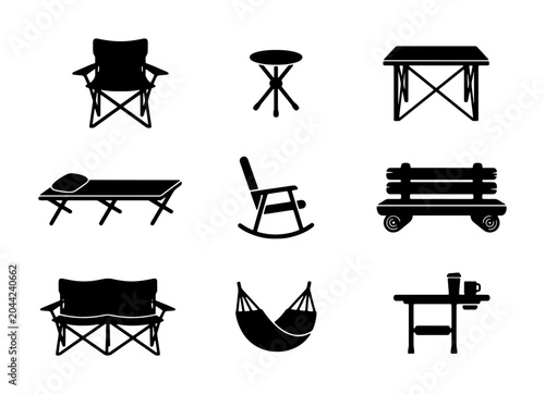 Bild auf Leinwand Camping Furniture Icons, Outdoor Seating Vector Set: Folding Chairs, Hammock, Be
