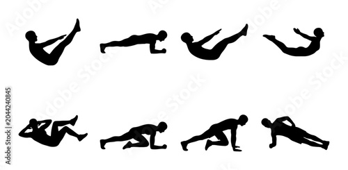 Fotografie Fitness Silhouette Icons: Core Workout Exercises, Dynamic Movements, and Bodywei
