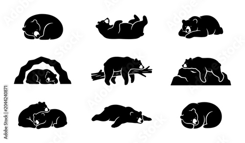 Bild auf Leinwand Black Bear Silhouettes Collection: Sleeping, Resting, Hibernating Poses Vector I