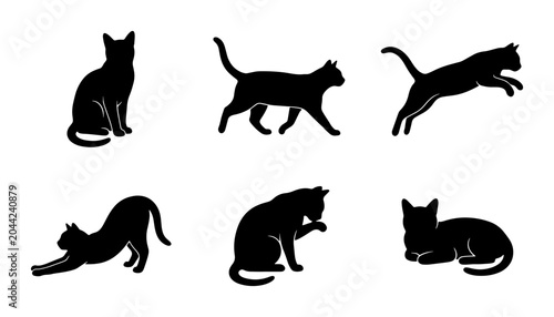 Bild auf Leinwand Black Cat Silhouettes, Feline Poses Vector Set: Sitting, Stretching, Jumping, Gr