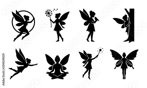 Photos Magical Fairy Silhouettes Collection, Enchanted Flying Sprites Vector Icons, Whi