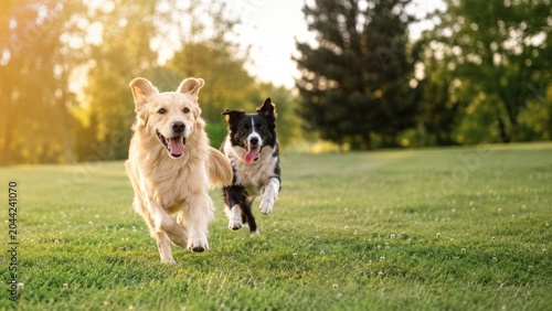 Two happy dogs-a golden retriever and a black-and-white border collie-running together across sunlit green grass in a park, playful and energetic on a warm day
