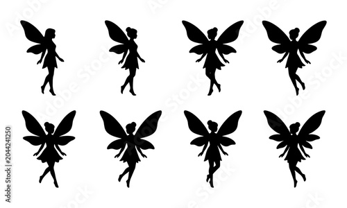 Fotografía Set of 8 Black Fairy Silhouettes, Enchanting Winged Mythical Creatures, Magical