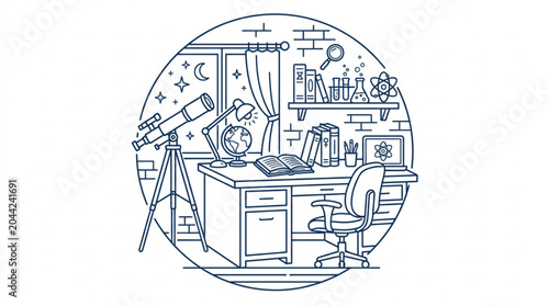 Tablou pe pânză Astronomy hobbyist desk with telescope and books.