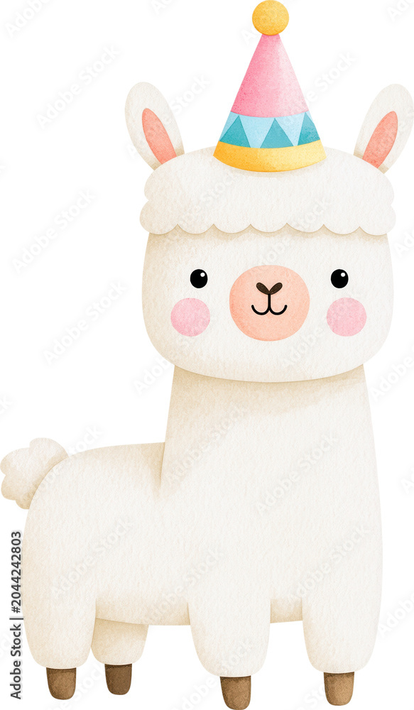 Naklejka premium Cute watercolor llama wearing a party hat isolated on transparent background.