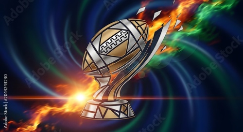 A stunning digital illustration of a golden and silver trophy cup with a soccer ball on top surrounded by swirling flames and lights on a dark background