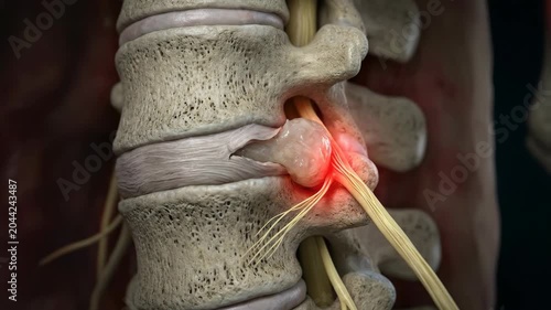 Lumbar pathology development: disc hernia, nerve compression, backache sensation, spinal disorder, acute discomfort, chronic disease, vertebra degenerate, orthopedic issue, neurologic implication.