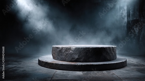 Dark Textured Stone Pedestal Stage with Dramatic Fog and Spotlight Background