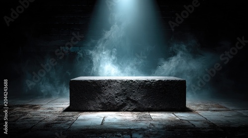 Dark Textured Stone Pedestal with Moody Atmospheric Smoke and Dramatic Spotlight