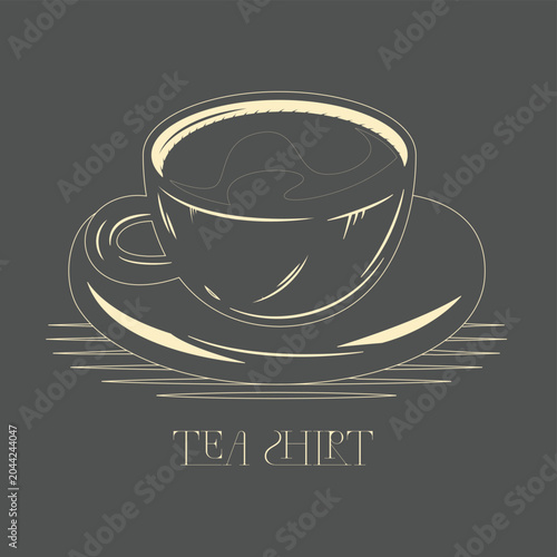 Elegant minimalist line art illustration of a hot tea cup with a saucer on a dark background. Perfect vector graphic for modern apparel print, aesthetic posters, and cafe branding