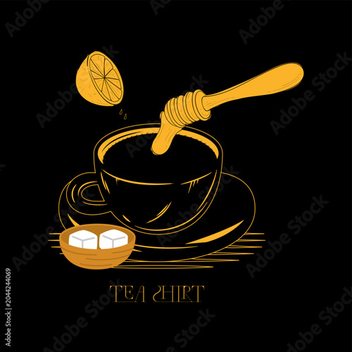 Vintage-style vector illustration of a warm teacup with lemon and honey dipper on black. Ideal graphic element for t-shirt prints, organic product stickers, and food posters.