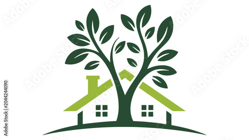 Tree with Green Leaves Growing From a Farmhouse Scene, Illustrated Logo Style with Home Windows and Roof Shapes