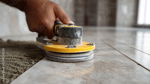 Close Up Of A Hand Using A Grinding Tool On A Tiled Floor Surface