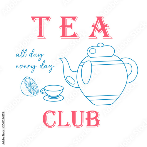 Retro style line art vector illustration of a teapot, cup, and lemon slice with pastel text. Ideal typographic layout for social club t-shirts, tote bags, stickers, and cafe posters.