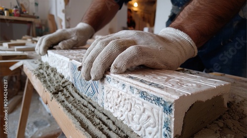Close Up of Artisan Hands Wearing Gloves Arranging Decorative Tiles with Intricate Patterns