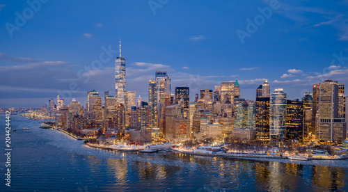 New York night skyline view. New York city skyline night. New York downtown night panorama. New York Manhattan night cityscape.