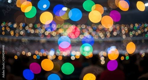 Colorful bokeh lights in a crowded room with blurry background and vibrant atmosphere