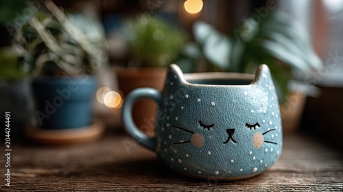 Adorable Blue Ceramic Cat Shaped Mug with White Polka Dots on Wooden Surface