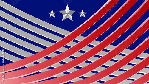 Abstract 3D red and silver curved metallic lines with three silver stars floating on a blue background, high-quality United States Independence Day celebration wallpaper.