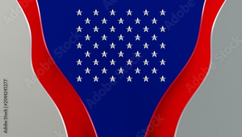 3D wavy metallic frame with red and silver color, 50 stars in the center with a dark blue background in an abstract style representing United States Independence Day, ideal for USA patriotic designs.