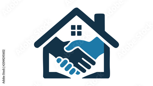 House Handshake Icon with Keys, Home Ownership Symbol, Blue and Dark Navy Vector Illustration Featuring Real Estate, Property, Agreement