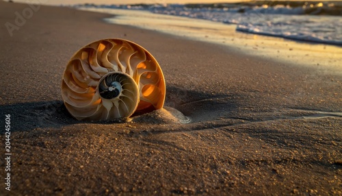 Intricate Nautilus Shell Unveiling its Chambers Partially Buried in Sand at the Water's Edge