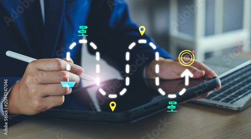 businessman drawing strategic roadmap, showing a winding pathway from start to a target goal. corporate planning, milestone tracking, business development timelines, and project management.