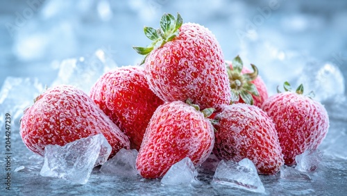 Close-up pile of frosted red strawberries resting on ice cubes, vivid texture and cool blue tones in a refreshing still-life food image