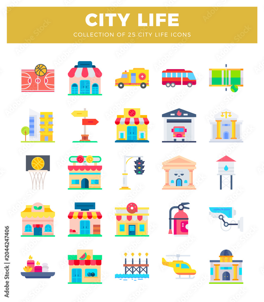 Obraz premium City life icon collection with buildings. transportation. and sports elements.