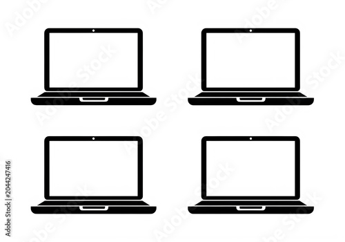 Four stylish laptop computers in simple line art design isolated on transparent background