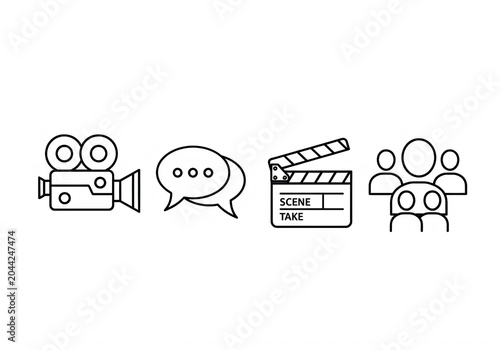 Film production process illustrated with camera, speech bubble, clapperboard and director isolated on transparent background