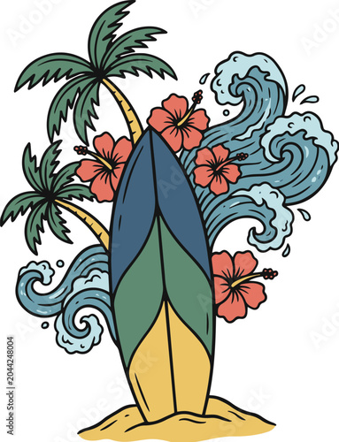 International Surfing Day Hand Drawn Illustration Collection, Colorful Surfing and Ocean Lifestyle Art