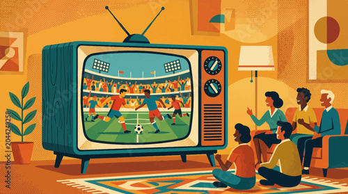 Group of friends watching a soccer match on a vintage retro television in a cozy mid-century modern living room setting