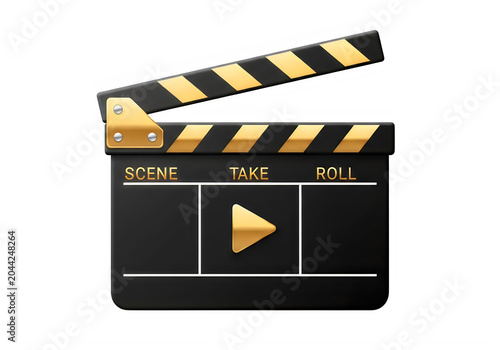 Play button on yellow and black film clapperboard isolated on transparent background