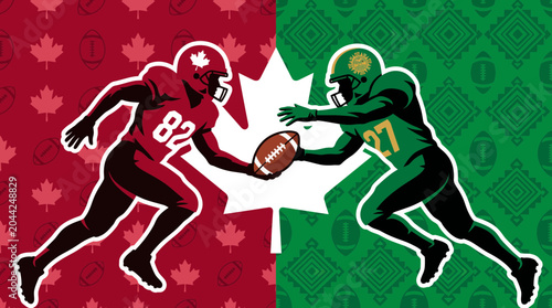 Bold modern vector illustration of two football players competing over a ball with a Canadian maple leaf background