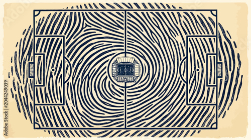 Retro flat vector illustration of a soccer field pitch with a fingerprint pattern background and central stadium