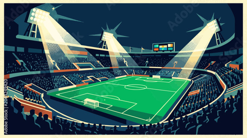 Soccer stadium at night with bright floodlights in a retro flat vector illustration style for sports event posters