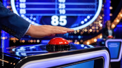Hand poised over a red buzzer on a glossy game show podium with illuminated scoreboard and studio lights in the background