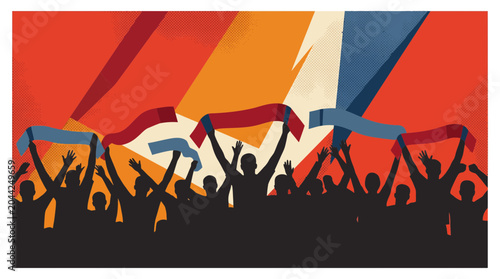 Crowd of soccer fans cheering with scarves in a retro flat vector illustration style for sports event promotion