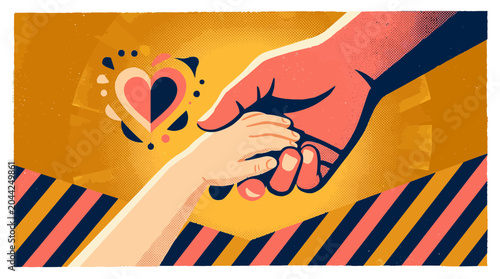 Hands of an adult holding a child hand with a heart symbol in a retro mid-century flat vector illustration style