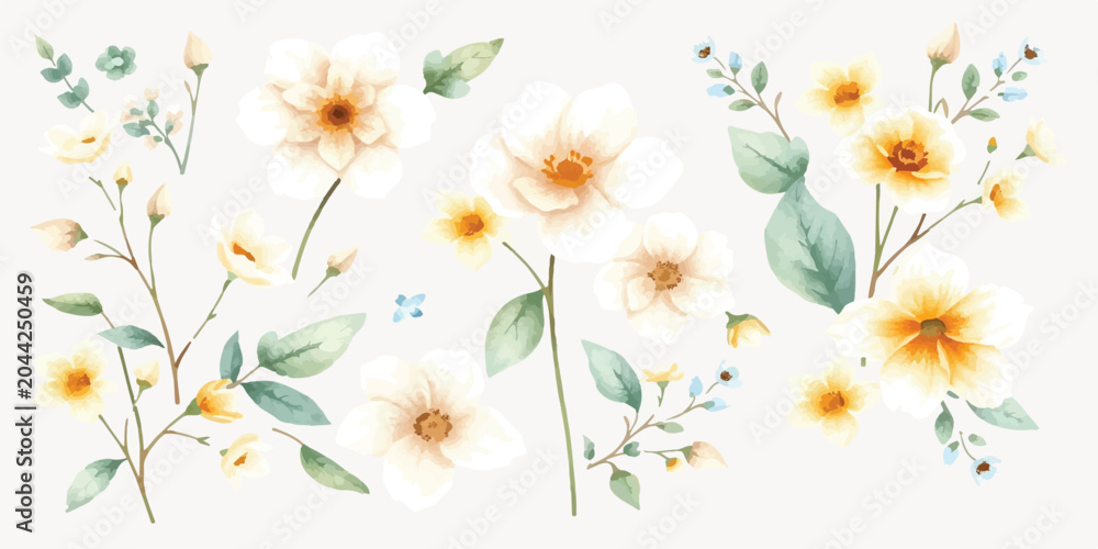 Fototapeta premium Watercolor bouquet of yellow wildflowers and green foliage with watercolor wildflowers botanical painting isolated illustration decoration blooming ornament composition decorative artistic